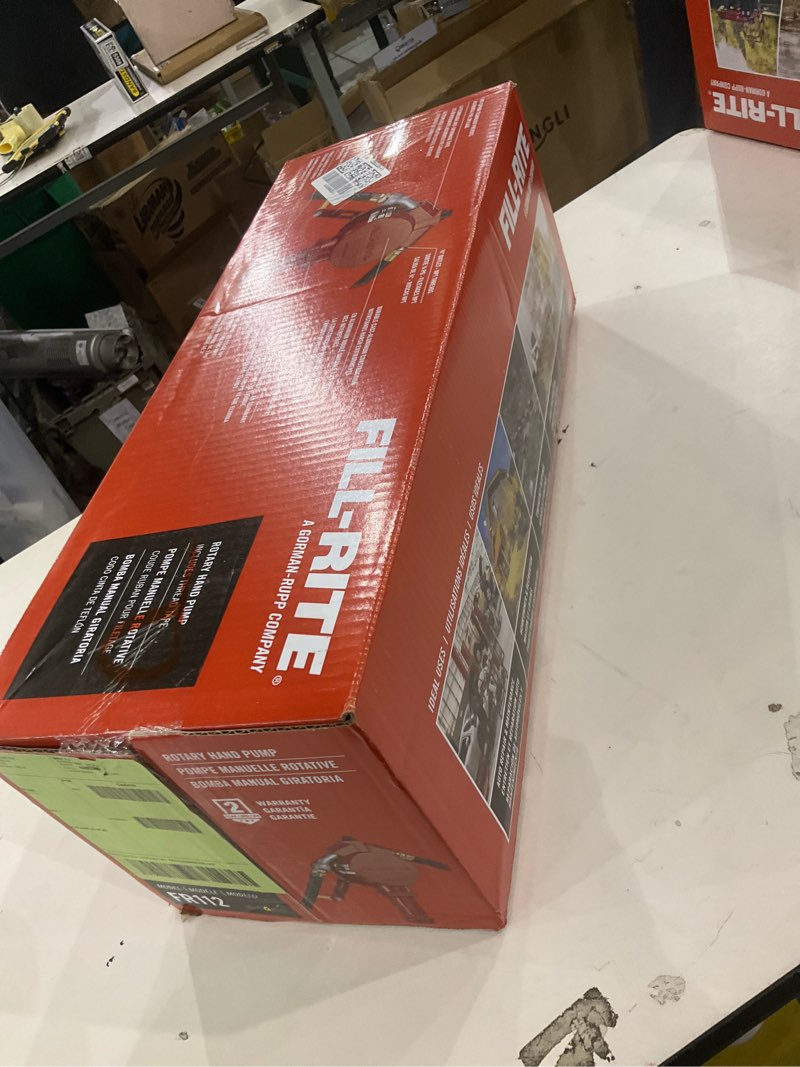 Condition photo showing New/Like New for Fill-Rite FR112 Fuel Transfer Rotary Hand Pump with Suction Pipe and Discharge Hose for Agriculture, Construction, or Automotive, Red Rotary Pump w/Accessories
