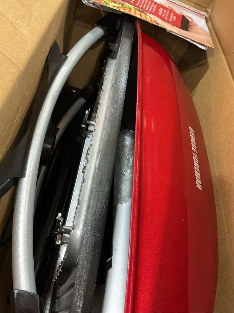 Condition photo showing As Is for george foreman indoor outdoor electric grill  non-stick grill griddle plate  healthy grilling drip tray reduces fat  portable barbeque