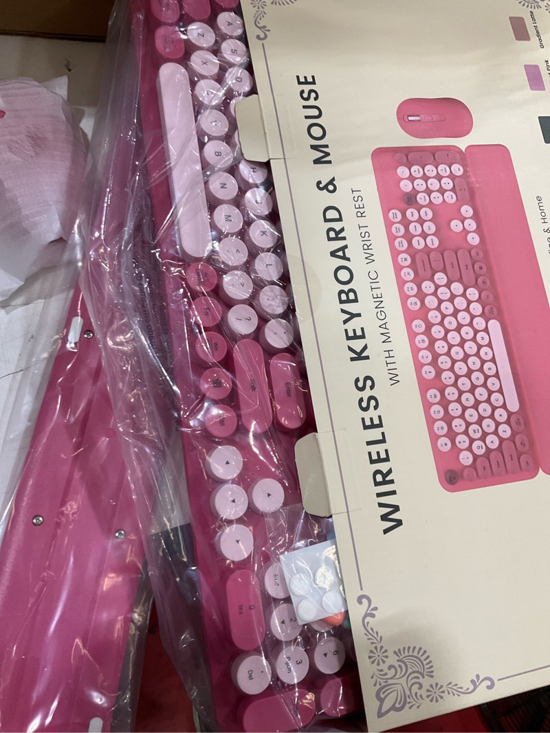 Condition photo showing Good Condition for wireless keyboard and mouse combo, cute hot pink full-size retro typewriter keyboard with round keycaps, magnetic wrist rest, tilt legs, 2.4ghz cordless for mac, windows pc, laptop, sablute ck23