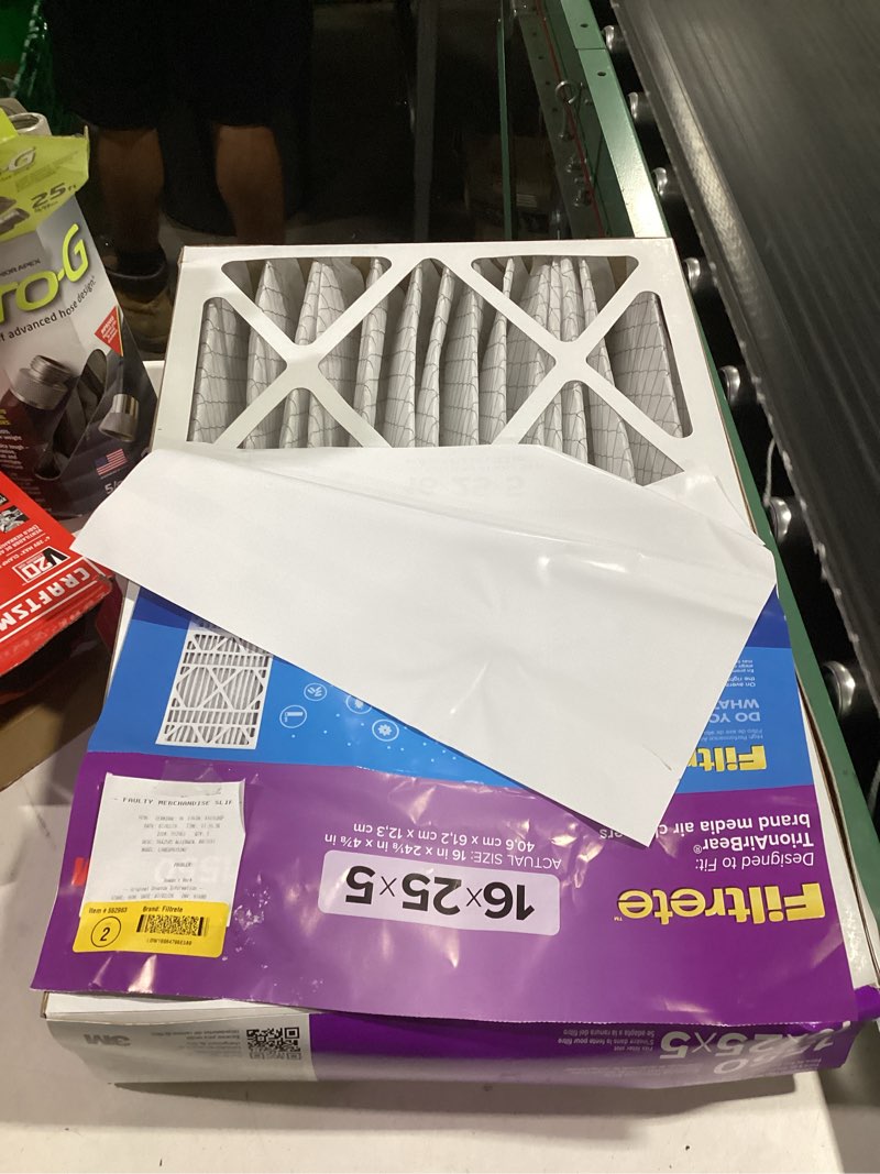 Condition photo showing As Is for filtrete 16 x 25 x 5 merv 12 1550 mpr allergen, bacteria and virus electrostatic