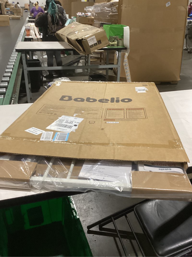 Condition photo showing New/Like New for babelio smart baby gate with auto-unlock/close, pressure mounted no drill for doorways/top of stairs. pet/dog door wide walk thru w/infrared sensor & instant safety alert (white, 26.3-37.8" w, 30" h) white 26.3-37.8" w, 30" h