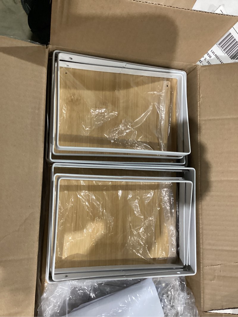 Condition photo showing New/Like New for Cabinet Shelf Organizers, 15.7 inches Large Kitchen Counter Shelf, Set of 4 Wood Kitchen Pantry Organizer, Storage Shelves for Countertop, Spice Rack, Stackable, Expandable, Metal White, Nature 4pcs 7.8" D x 15.7" W x 5.31" H White and Natural Beige