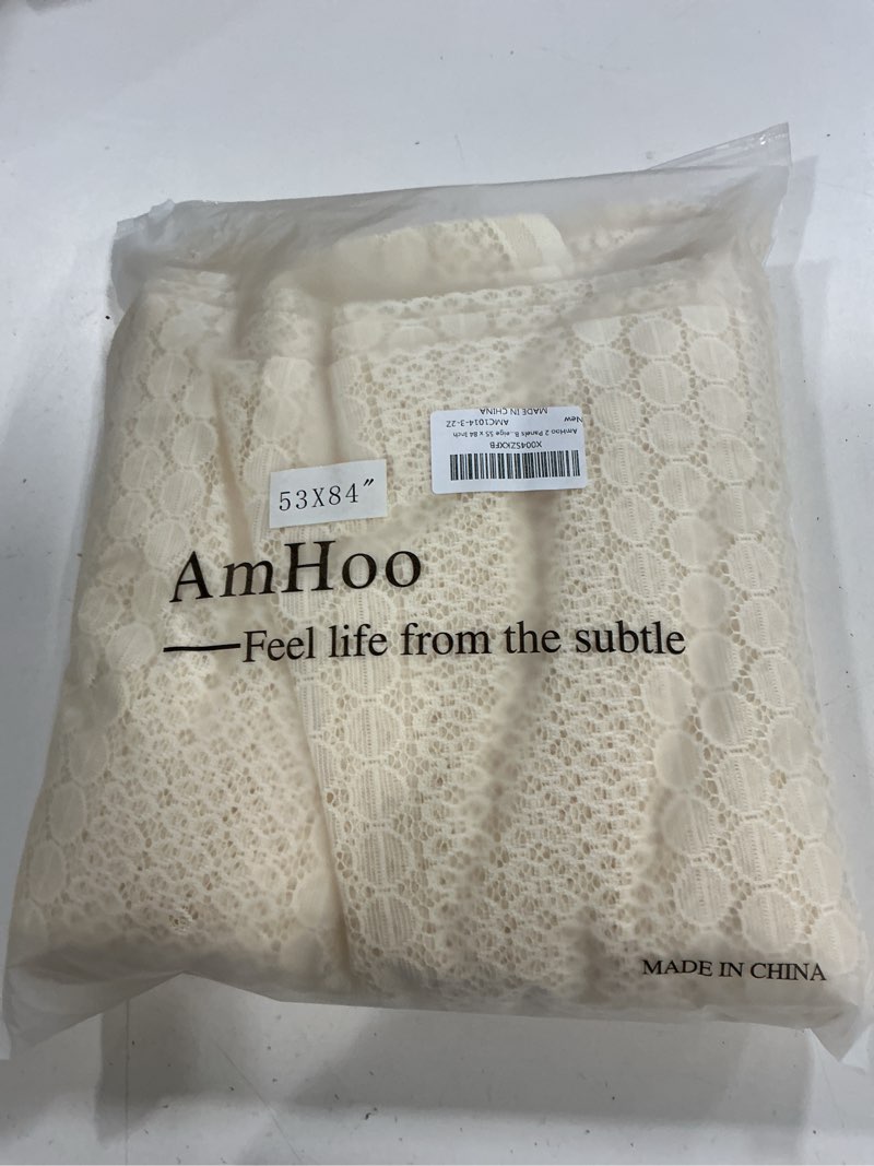 Condition photo showing New/Like New for amhoo 2 panels boho vintage lace semi sheer curtain farmhouse voile curtains for living room bedroom window treatment beige 55 x 84 inch 55"w x 84"l (pack of 2) beige