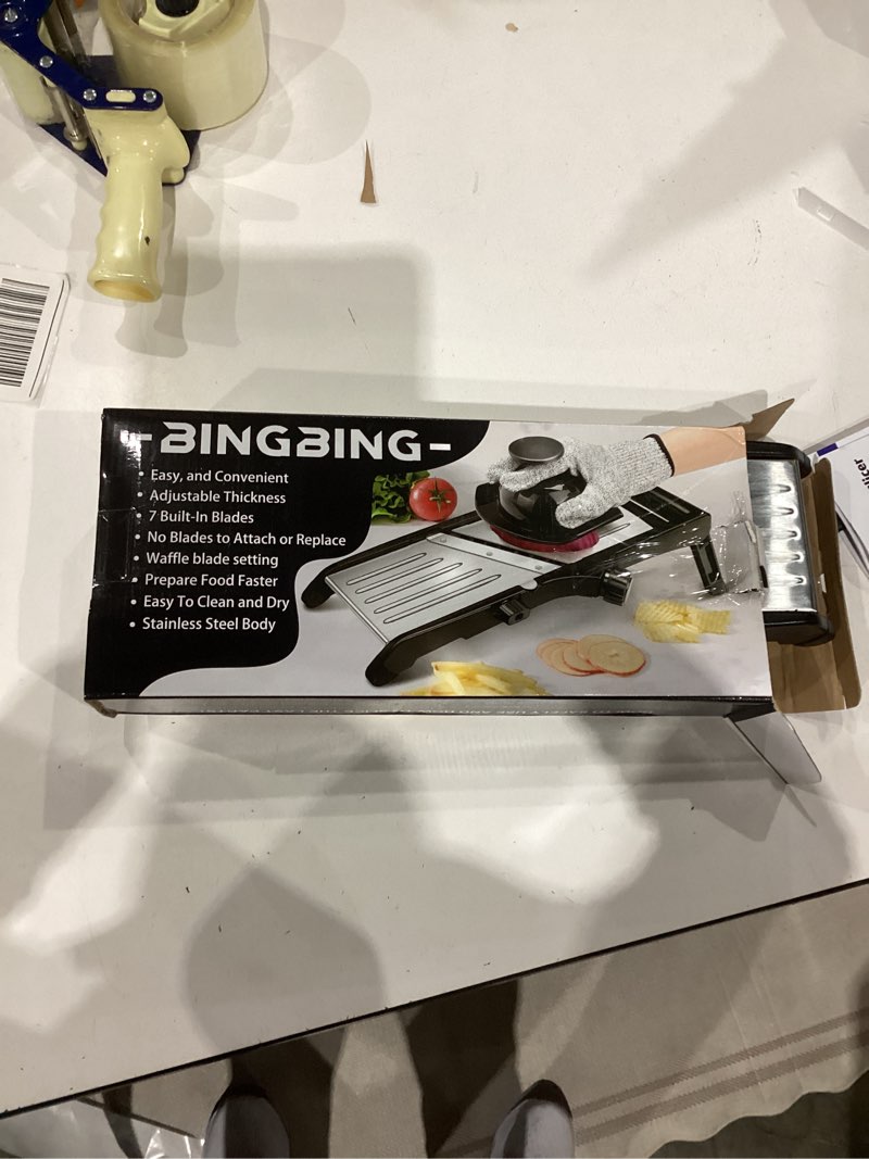 Condition photo showing Good Condition for Mandoline Food slicer for kitchen, Adjustable Stainless Steel Mandoline Vegetable slicer, Food slicer Onion Potato Chip French Fry, 7 in-1 Adjustable Blade, Including 1 Pair Cut-Resistant Gloves Gray