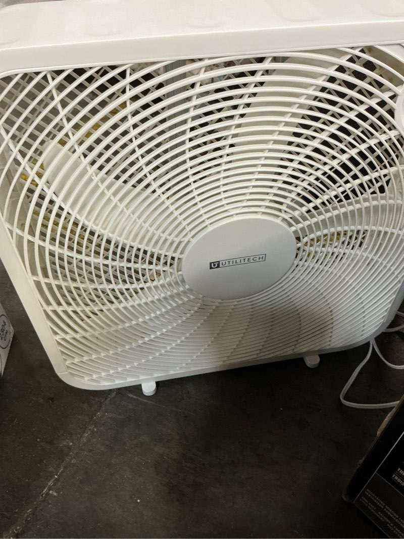 Condition photo showing As Is for utilitech 20-in 120-volt 3-speed high velocity indoor white box fan