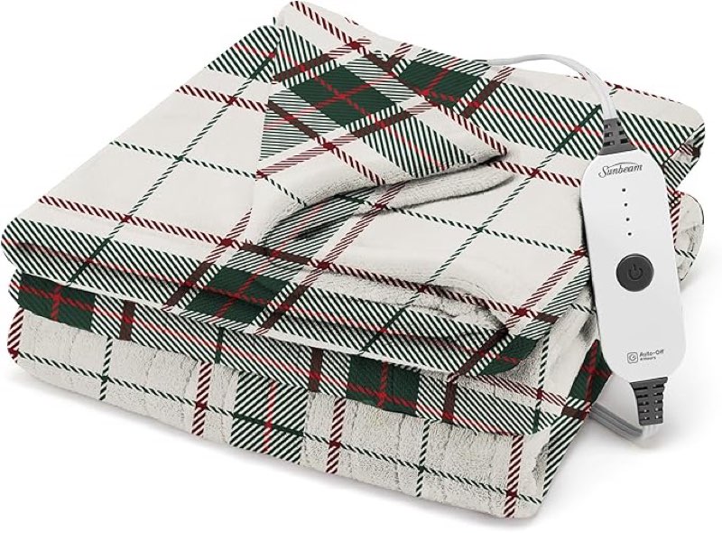 sunbeam electric heated throw blanket, 4 heat settings, auto shut-off, machine washable beige (similar) 