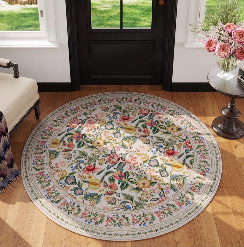 Round Rug 4ft Washable Circle Rug Non Slip Low Pile Vintage Floral Small Circular Rug for Bedroom, Bathroom, Entryway, Kids Room, Office, Beige