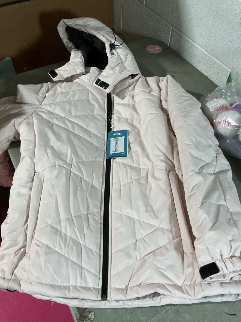Condition photo showing Good Condition for skieer women's waterproof ski jacket warm snow winter coat mountain windproof hooded raincoat large light pink