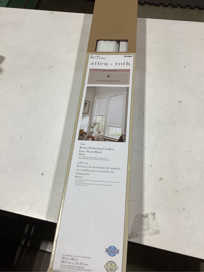 Condition photo showing New/Like New for allen + roth trim at home 2-in slat width 35-in x 48-in cordless white faux wood room darkening horizontal blinds