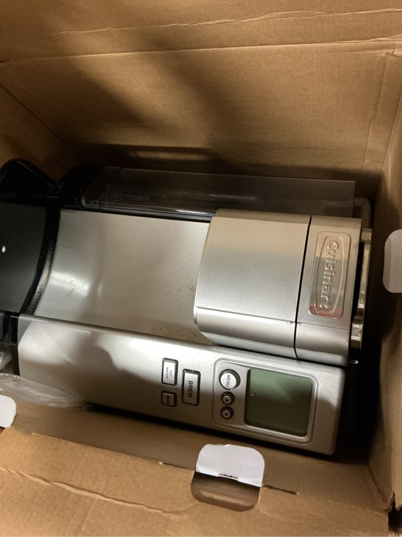 Condition photo showing As Is for cuisinart coffee maker, single serve 72-ounce reservoir pod coffee machine, programmable brewing & hot water dispenser, 3 cup-size settings, stainless steel, ss-10p1, silver