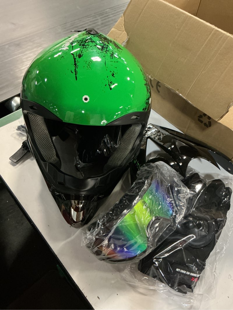 Condition photo showing Good Condition for youth kids motocross helmet full face motorcycle dirt bike off-road mountain bike bmx mx atv helmet with(gloves goggles mask) 4pcs set - dot approved (green,l) green2 large