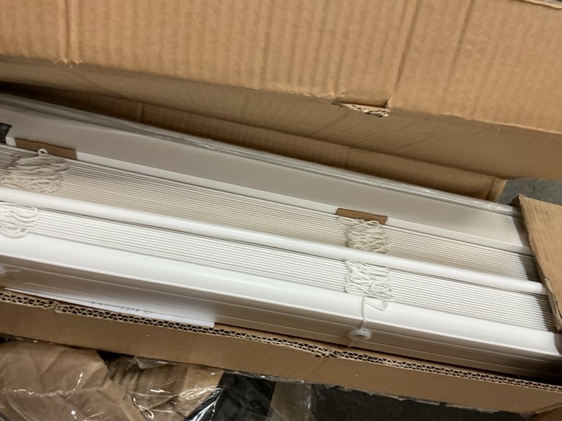 Condition photo showing As Is for Chicology 2  Cordless Faux Wood Blinds  Basic White (Room Darkening) 70 W X 60 H