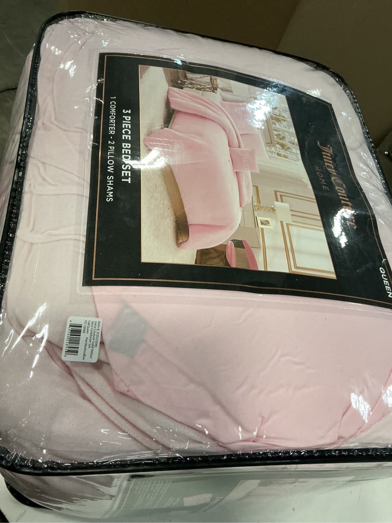 Condition photo showing Good Condition for juicy couture marshmallow pink velour full/queen comforter set - 3 piece luxury bedding ensemble