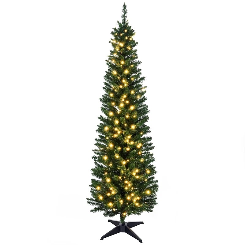 homcom 5' tall pre-lit slim noble fir artificial pencil christmas tree with realistic branches, 110 warm white led lights and 294 tips, green