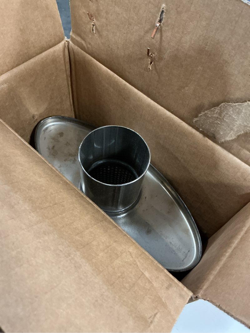 Condition photo showing As Is for borla 40358 proxs universal performance muffler 2.5" offset inlet / 2.5" center outlet 4" x 9.5" oval x 14" long body 19" overall length un-notched necks reversible design t-304 stainless steel