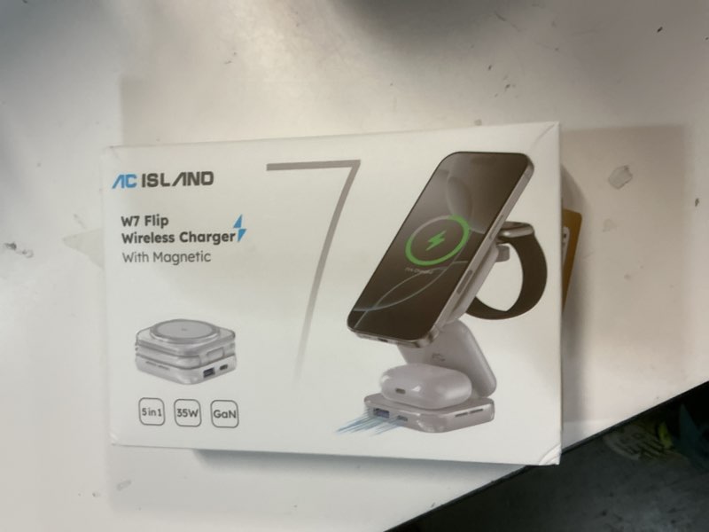 Condition photo showing New/Like New for 5-in-1 wireless charger for magsafe, ac island portable travel charging station, 35w max fast foldable magnetic stand, evolved for iphone 17-12 & air series, apple watch, airpods (with 35w adapter) gray