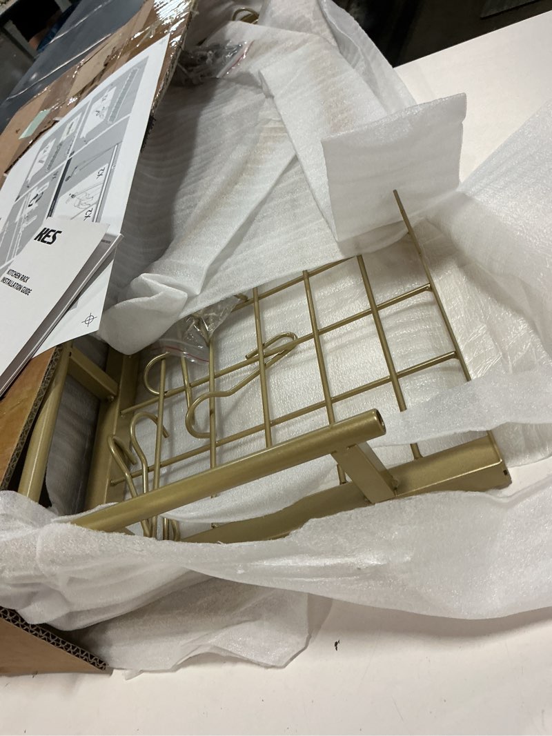 Condition photo showing As Is for (color gold, 11”x29”)kitchen pot rack - mounted hanging rack for kitchen storage 9-inch swing out double towel bar 2-arm, kur215s75b-bk-kes+a2106s23-bk