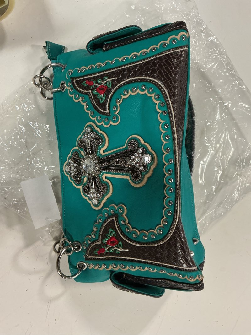 Condition photo showing Good Condition for justin west cross embroidery flowers blue leather concealed carry handbag