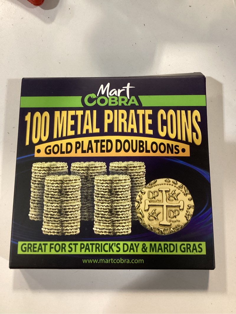Condition photo showing New/Like New for Pirate Coins Metal Gold Coins for Kids - 100 Pieces - St Patrick St Patty Day Leprechaun Fantasy Board Game Toy Doubloons Loot Tokens Monedas De Oro Pirate Props Chest Poker Set Bulk Money Medallion [100 Metal Pirate Coins]