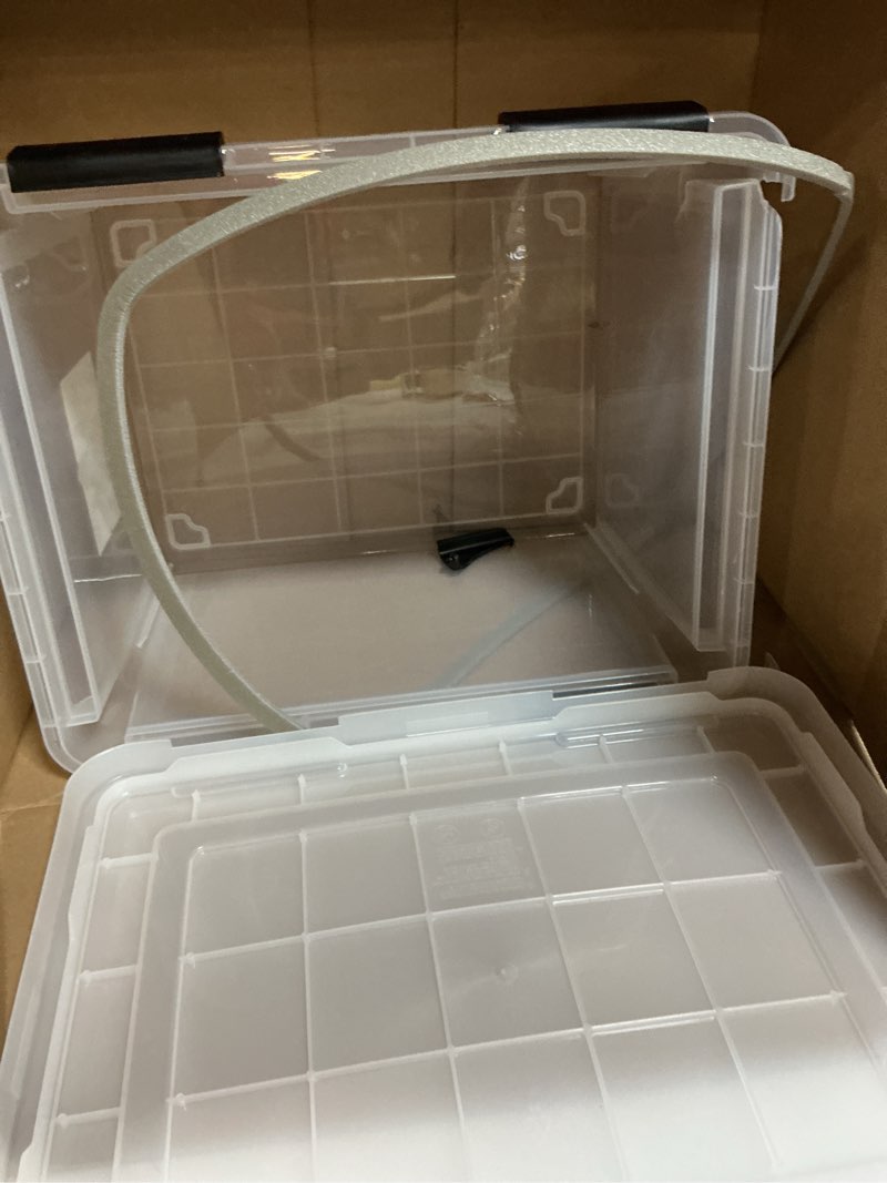 Condition photo showing As Is for IRIS USA File Box WeatherPro File Organizer Plastic File Box for Letter/Legal File, Water Resistant Document Box, Durable Lid, Seal w/Secure Latching Buckles, Stackable, Nestable, Clear 32 Qt. 1 Pack