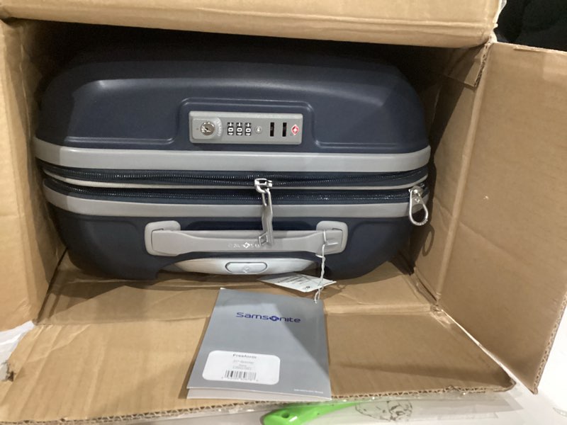 Condition photo showing As Is for samsonite freeform 2-piece luggage set - carry-on & large checked luggage with dual spinner wheels - durable polypropylene hardshell - tsa lock, airline-approved - expandable hard shell - navy 2-piece set (carry-on/large) navy
