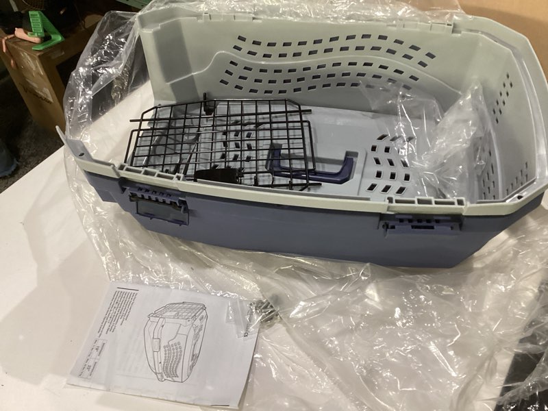 Condition photo showing As Is for amazon basics 2-door top-load hard-sided dogs, cats pet travel carrier, gray & blue, 22.8"l x 15.0"w x 13.0"h gray & blue 22.8"l x 15.0"w x 13.0"h