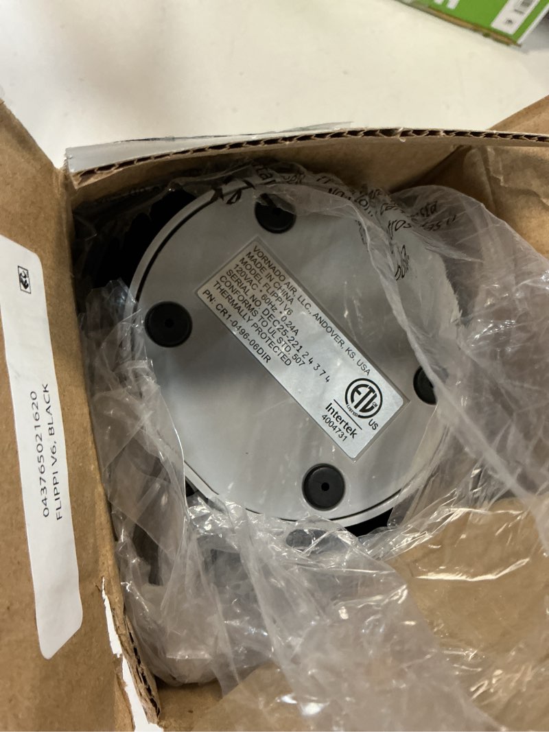 Condition photo showing As Is for vornado flippi v6 compact air circulator fan, adjustable head, 2 speeds, black