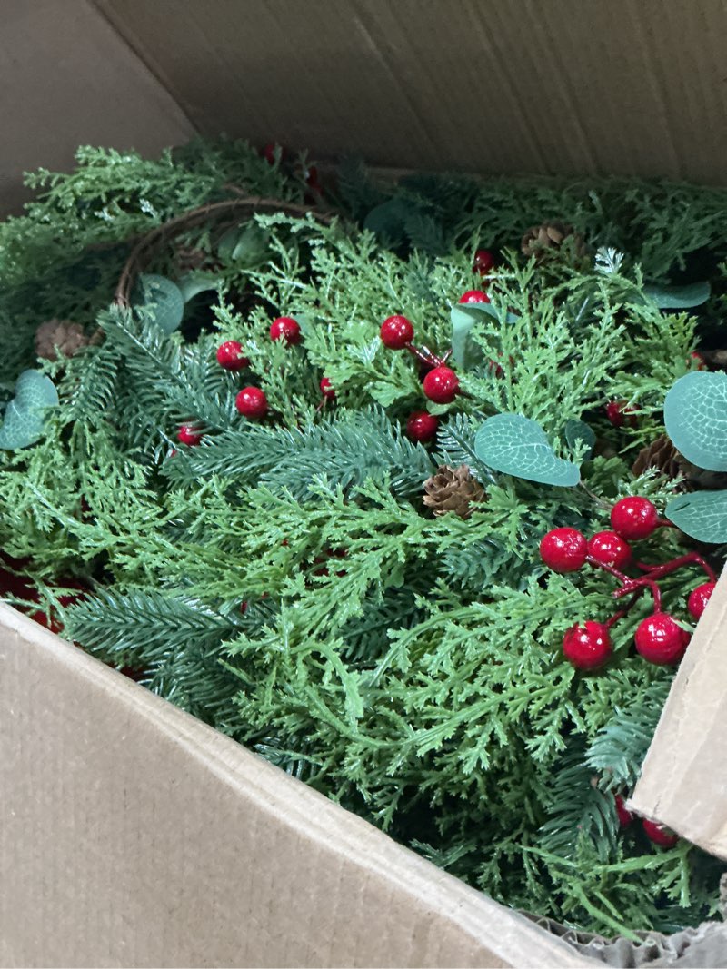 Condition photo showing Good Condition for Aneco 24 Pieces Christmas Candle Rings Wreath with Ribbon 8.7 Inch Wreath Holder Pillar Candlestick Norfolk Pine Garland Artificial Red Berries Branch Pinecones Wreaths for Xmas Table Centerpiece