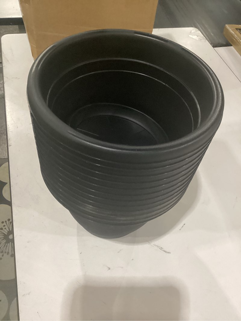 Condition photo showing Good Condition for 12 pack 10'' plastic plant pots round planter pots with saucer tray seedling pot hole seed resin plant pot starting nursery flower container with pallet for garden outdoor indoor(black) black 10''