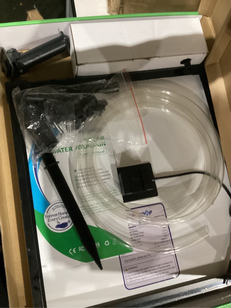 Condition photo showing As Is for poposoap solar pond pump, 30w solar water pump 430gph flow adjustable, solar fountain pump with diverter valve & 6.6 ft tubing for ponds, wildlife garden, waterfall, fountain, water feature-p130h