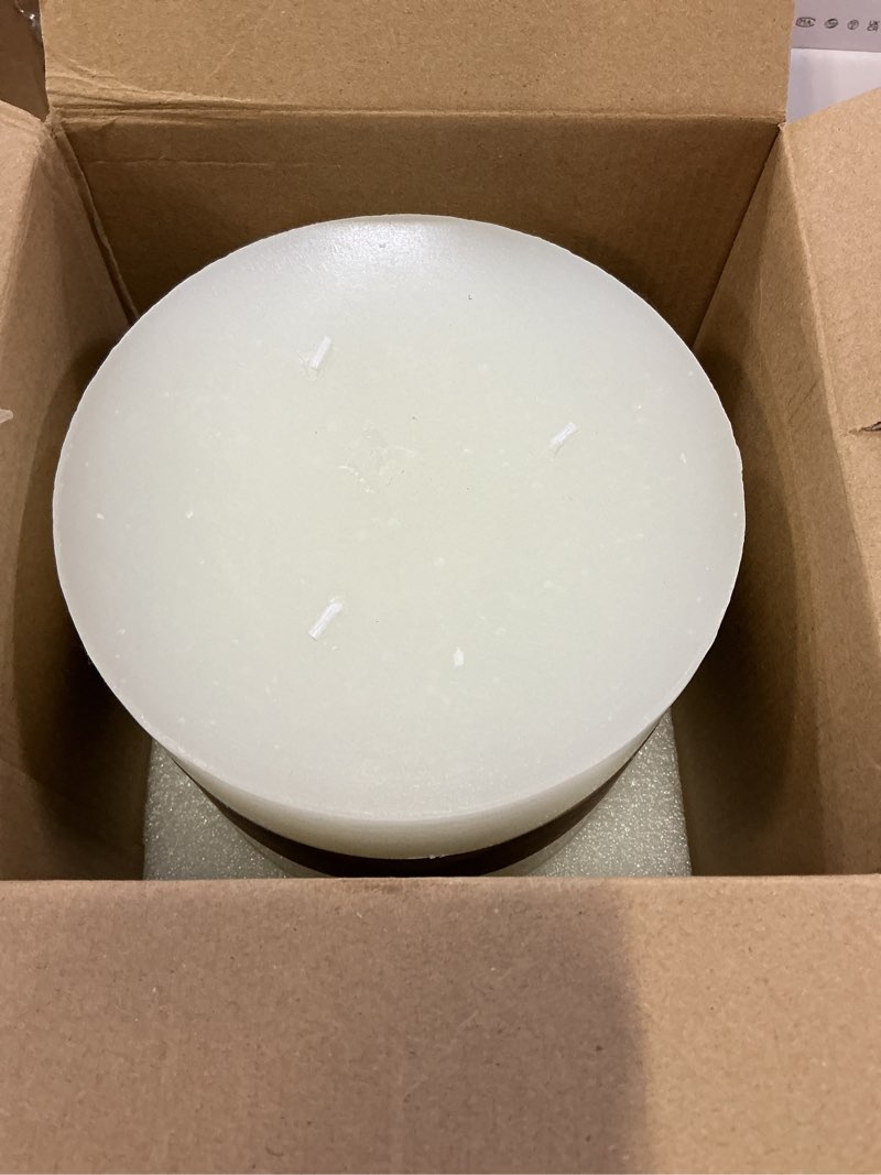 Condition photo showing Good Condition for large 3-wick white pillar candle - 6x6 inch dripless & smokeless unscented fat candle, 120 hour long burning hand-poured thick candle with cotton wicks