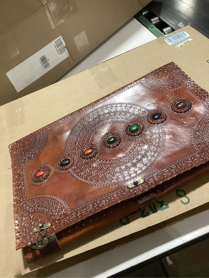 Condition photo showing Good Condition for Leather Unlined Bound Journal 13 x 10 inches Large Rustic Diary Seven Chakra Medieval 7-Stone Embossed Handmade Sketchbook Vintage Writing Notepad (200 Pages)