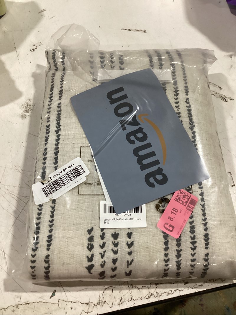 Condition photo showing Good Condition for black linen boho curtains 84 inch farmhouse grommet top 2 panels | geometric striped mudcloth pattern, black on beige light filtering rustic drapes for bedroom, living room, dining room,office boho | black 52"w x 84"l (pack of 2)
