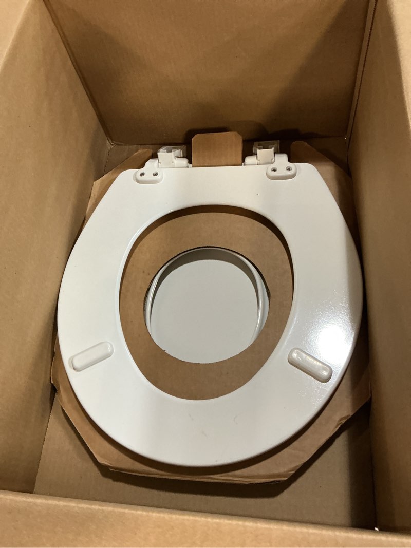 Condition photo showing As Is for mayfair nextstep2 toilet seat with built-in potty training seat, slow-close, removable that will never loosen, round, white round (1-pack) 1-pack