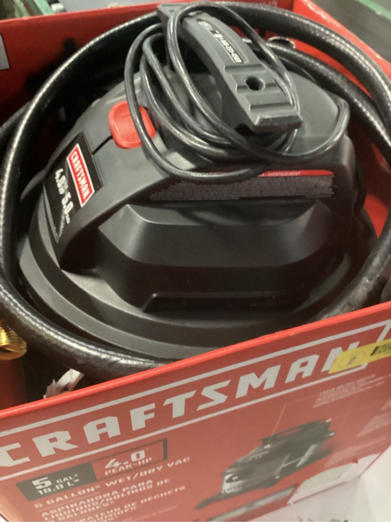 Condition photo showing As Is for craftsman 5-gallon 4-hp corded wet/dry shop vacuum with accessories included