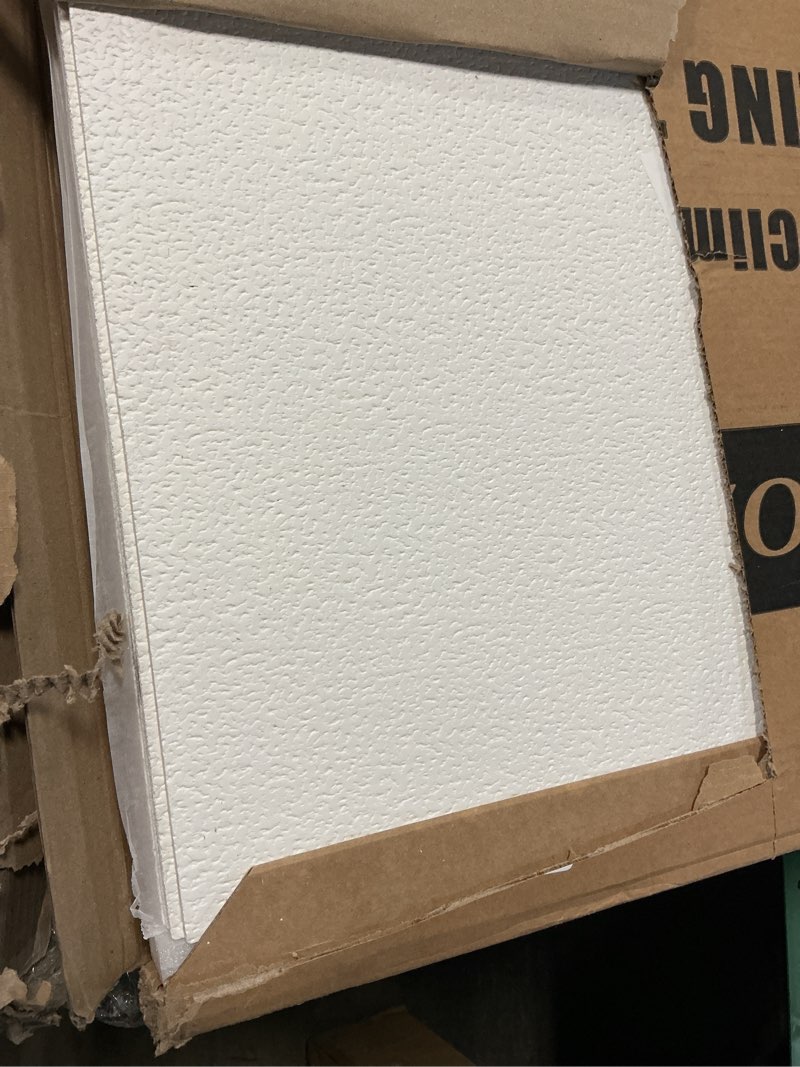 Condition photo showing As Is for 2ft x 2ft drop ceiling tiles?printed pro ceiling tiles 24 x 24in. waterproof, washable and fire-rated - reusable - high-grade pvc to prevent breakage-cover 48 sq. ft-package of 12 tiles white 24x24