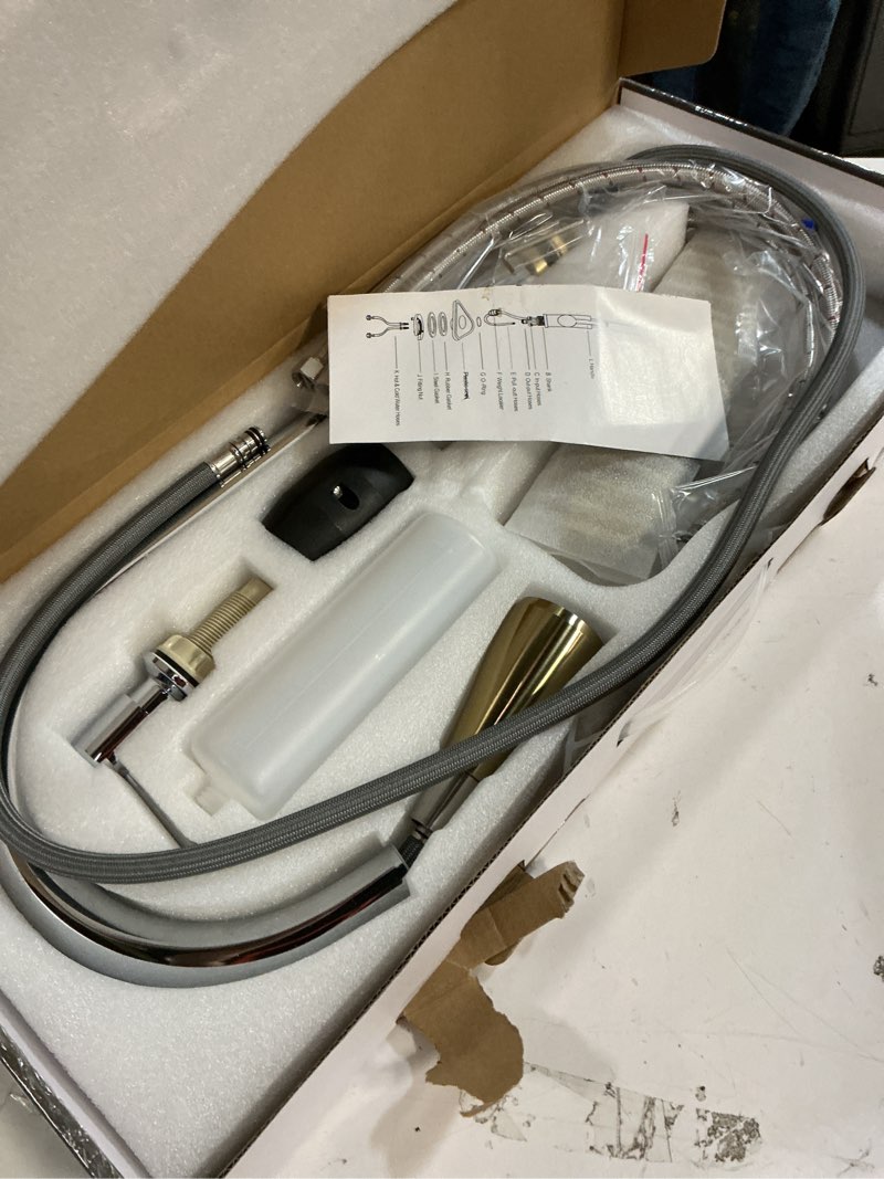 Condition photo showing Good Condition for keer gold & polished chrome single handle pull down kitchen faucet with soap dispenser, 3 modes sprayer, easy assembly, single handle high arc stainless steel faucet standard chrome and gold