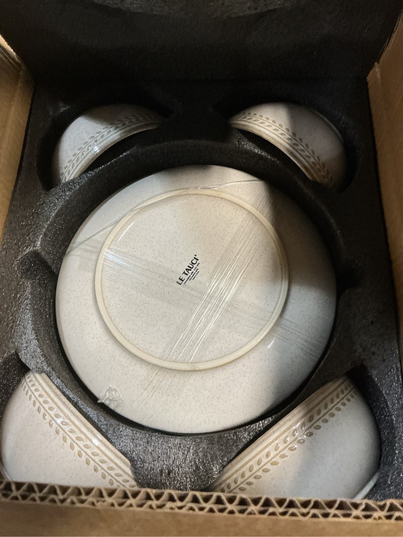 Condition photo showing New/Like New for le tauci plates and bowls sets for 4, 12 piece ceramic dinnerware sets, kitchen stoneware dish set, chip resistant, microwave & dishwasher safe, reactive glaze beige (8"&10" plate, 27oz bowl) 4 set(12pcs)