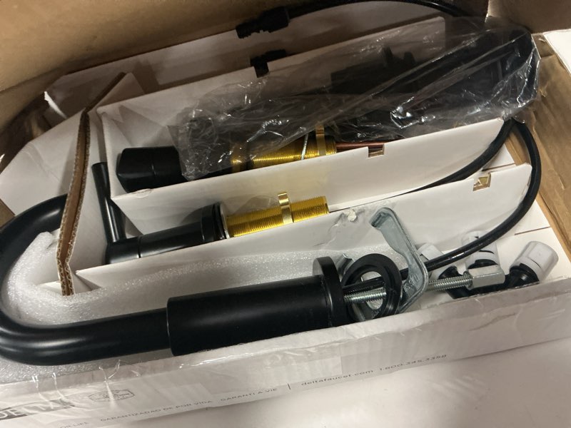 Condition photo showing As Is for Delta Nicoli Matte Black Bathroom Faucet 3 Hole, 8 Inch Widespread Bathroom Sink Faucet for Vanity, Push-Pop Drain Assembly, Matte Black 35749LF-BL Matte Black Standard Spout