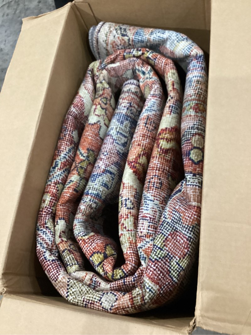 Condition photo showing Good Condition for loloi layla collection lay-02 spice/marine 9'-0" x 12'-0" .13" thick area rug, soft, durable, vintage inspired, distressed, low pile, non-shedding, easy clean, printed, living room rug
