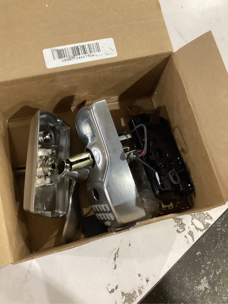 Condition photo showing As Is for schlage camelot keypad lock with lever handle, electronic keyless door entry, flex lock auto?lock option, satin chrome, fe595 cam 626 acc satin chrome accent lever camelot trim