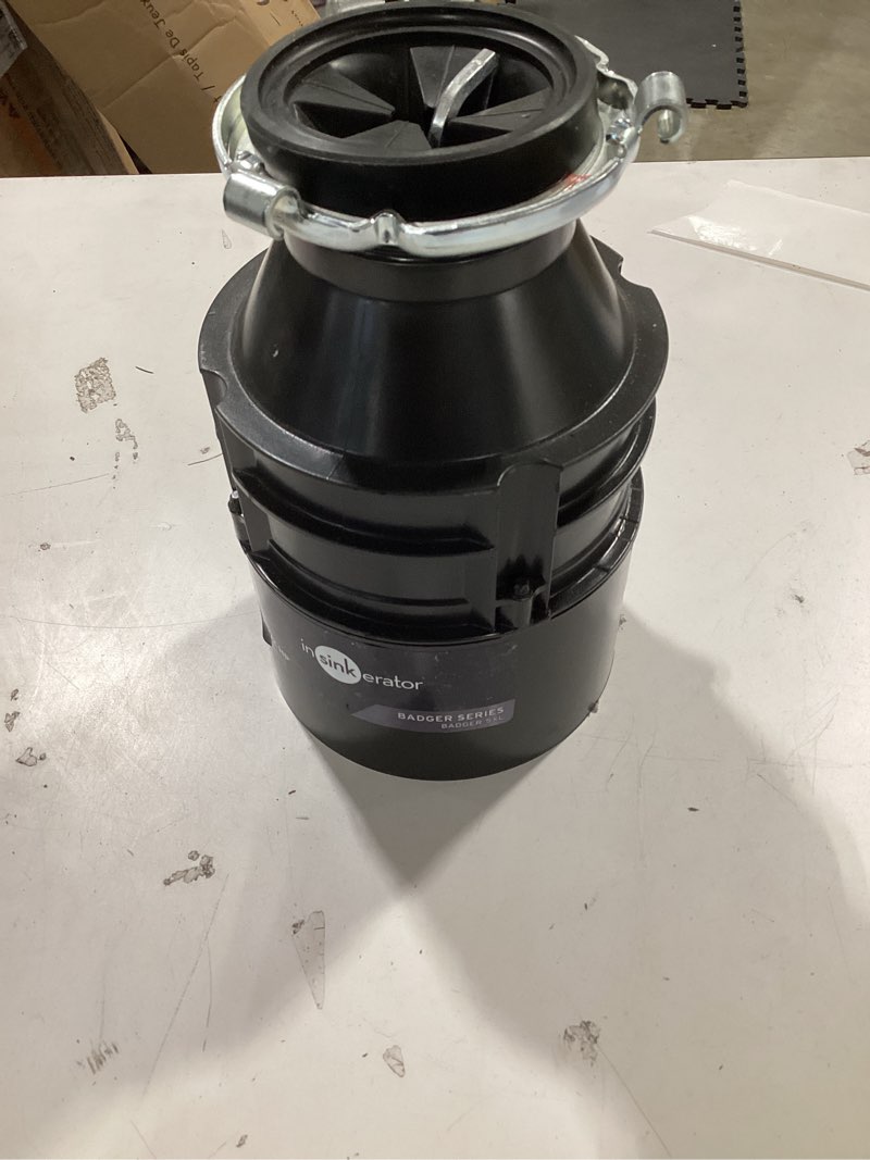 Condition photo showing As Is for insinkerator badger 5xl continuous feed 1/2-hp septic safe non-corded garbage disposal