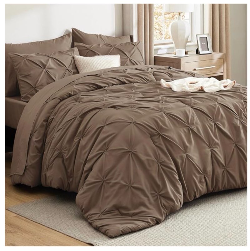 bedsure queen comforter set brown - bed in a bag queen size bedding 7 pieces, gentlesoft™ pintuck bed set gift for family, all season down alternative comforter with sheets, pillowcases & shams