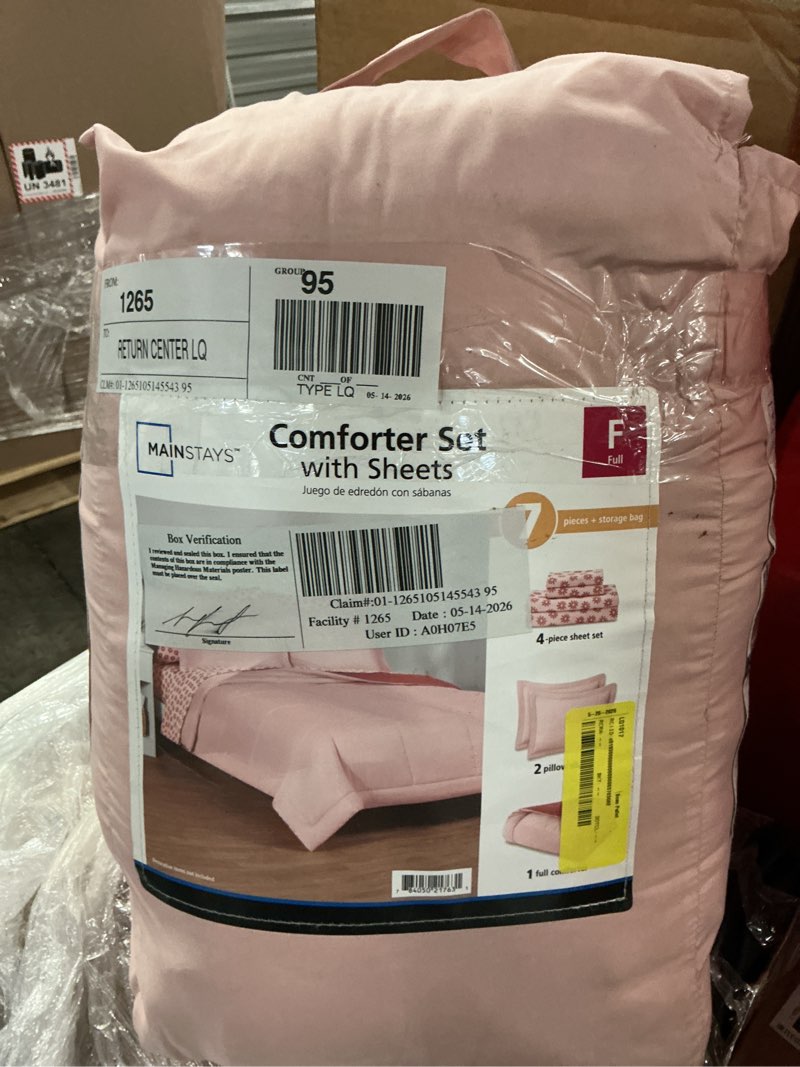 Condition photo showing As Is for mainstays 7-piece reversible bed in a bag comforter set with sheets, pink blush, full