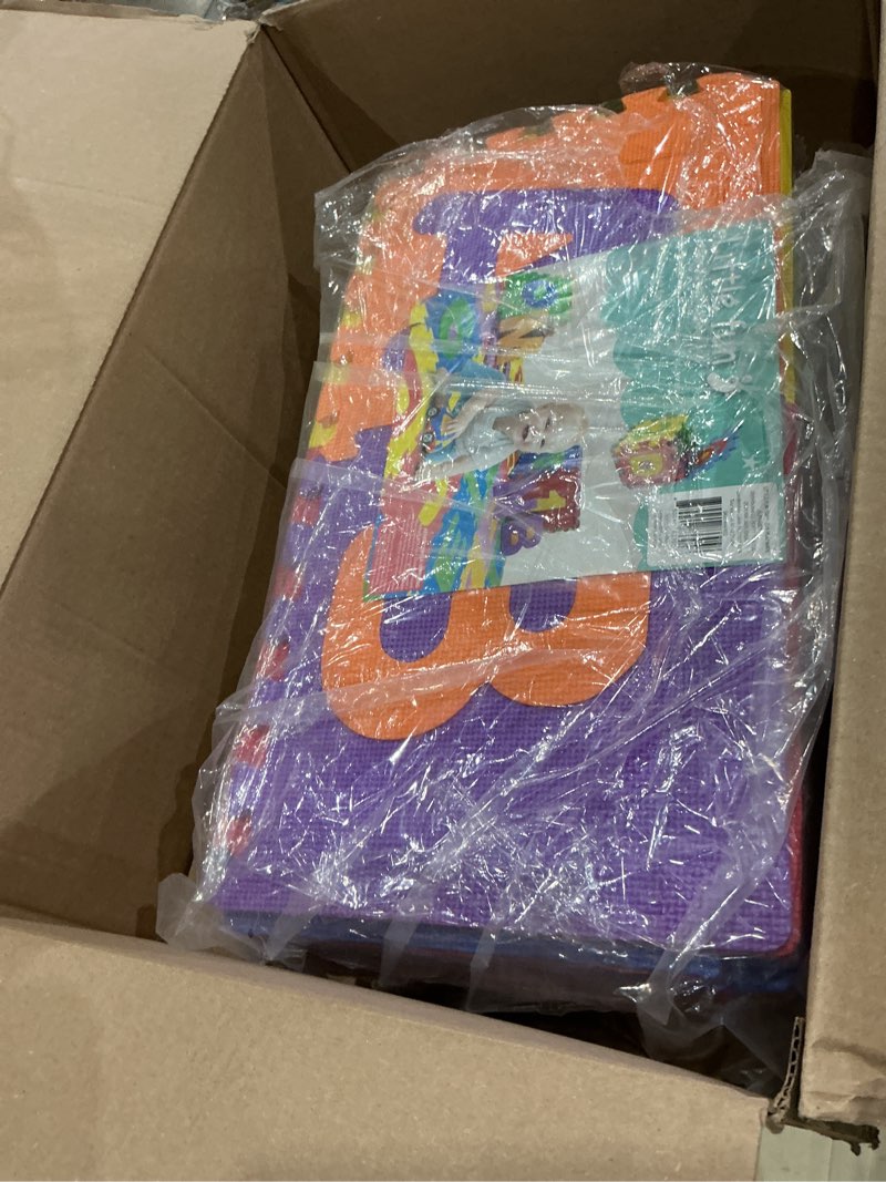 Condition photo showing Good Condition for little fun times alphabet play mat for baby large 60 pieces 12inch. total 71.5x71.5 inch 36 sqft interlocking floor puzzle eva tiles playmat for toddler and kids letters and numbers with edges.