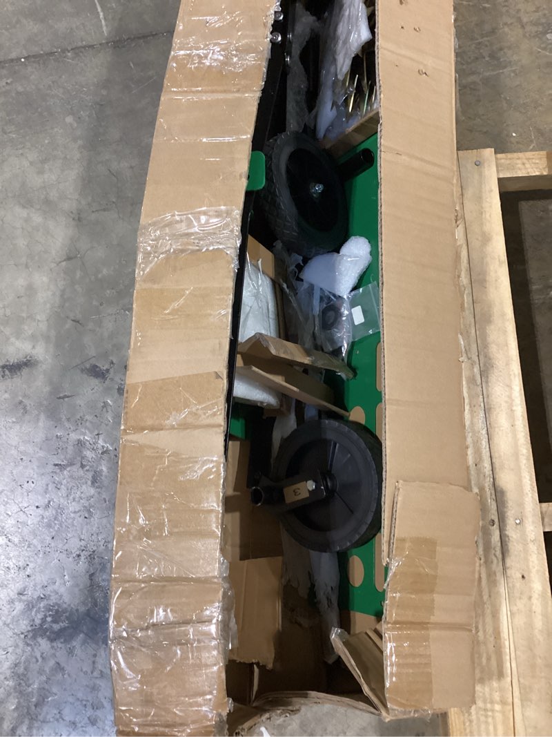 Condition photo showing Good Condition for 40" spike aerator tow behind, lawn aerator tow behind with universal hich, green galvanized steel and includes a pallet capable of supporting 280 pounds, pull behind aerator for garden, farm and lawn 40 inch green