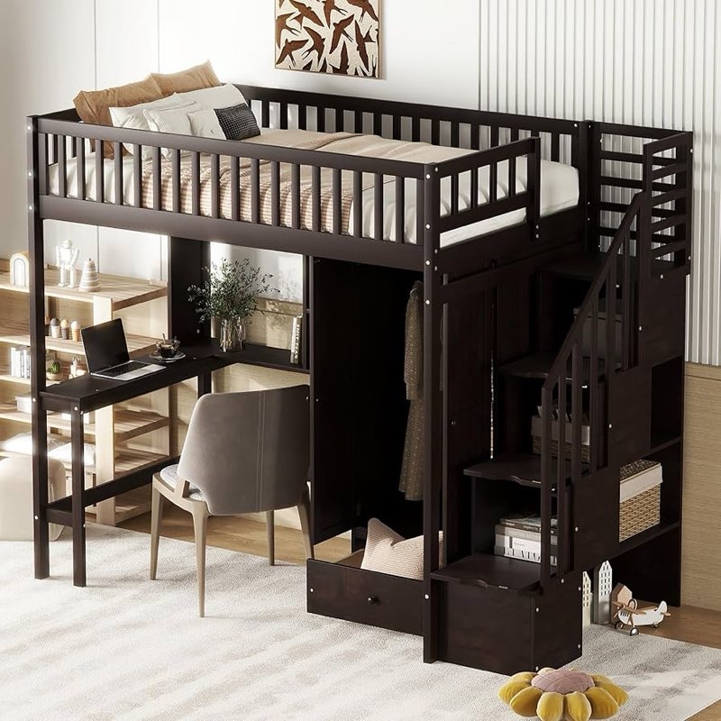 Twin Size Loft Bed with Desk,Solid Wood Loft Bed Frame with Storage Stairs,High Loft Bed Twin Size w