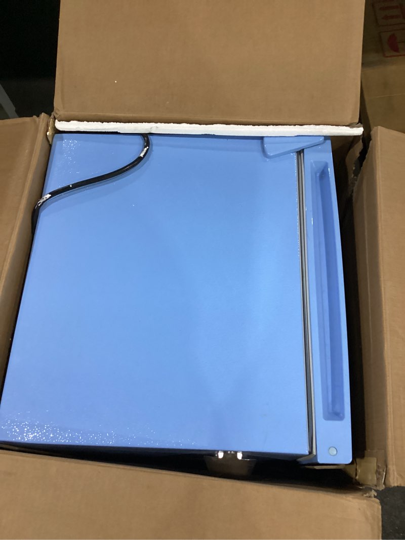 Condition photo showing As Is for frigidaire efr176 1.6 cu. ft. retro bar fridge with side bottle opener (blue)