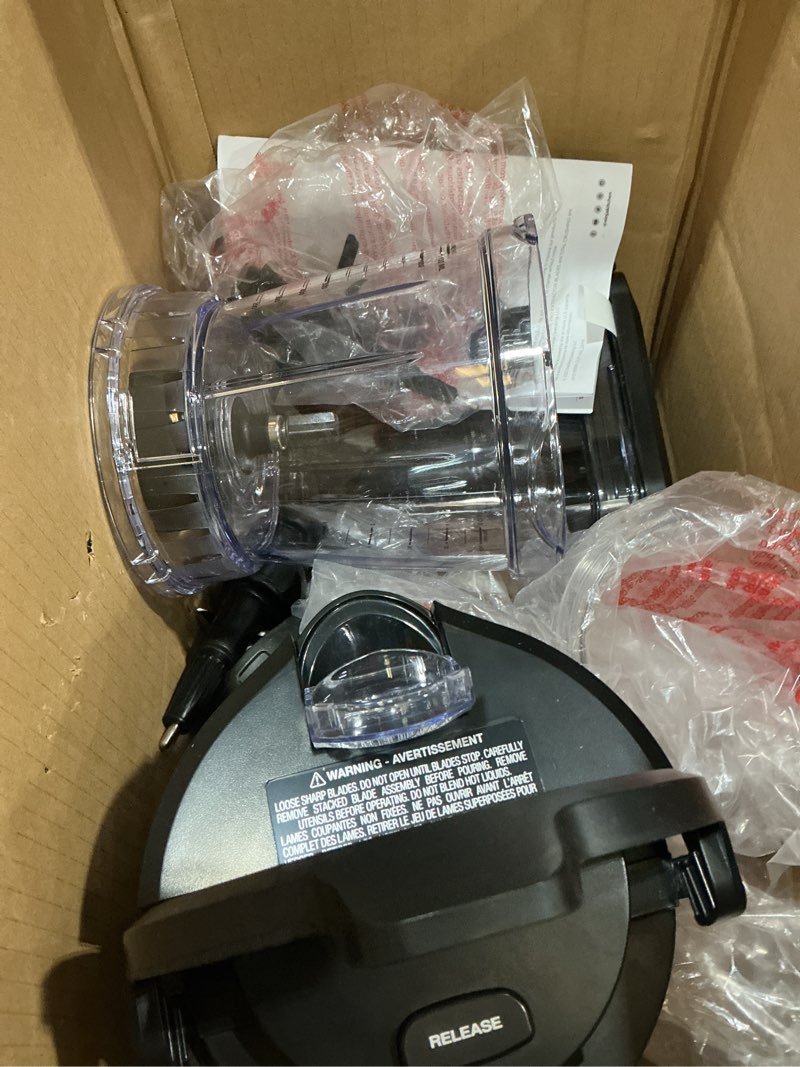 Condition photo showing As Is for ninja blender, compact kitchen system, 1200w, 3 functions for smoothies, dough & frozen drinks with auto-iq, 72-oz.* blender pitcher, 40-oz. processor bowl & 18-oz. single-serve cup, grey, amz493brn 1200 peak watts