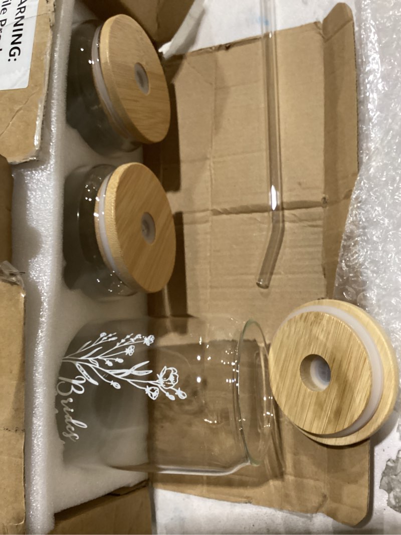 Condition photo showing Good Condition for layhit 3 pcs bridesmaid gifts bridesmaid proposal gifts 16 oz cute can shaped drinking glasses with bamboo lids and glass straw iced coffee cup mason jar cups for engagement wedding bridal